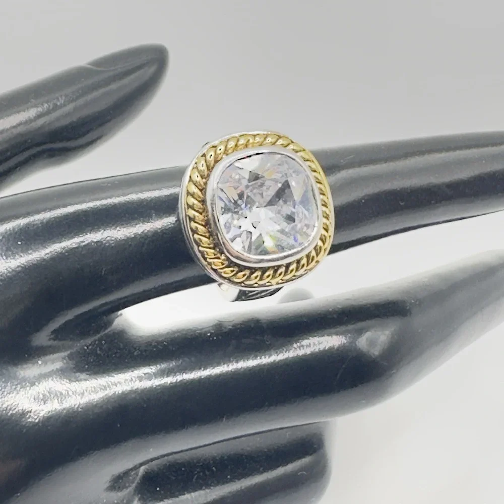 Designer Inspired Statement Ring Large CZ Silver Tone Gold Tone Rope Accent 7.25